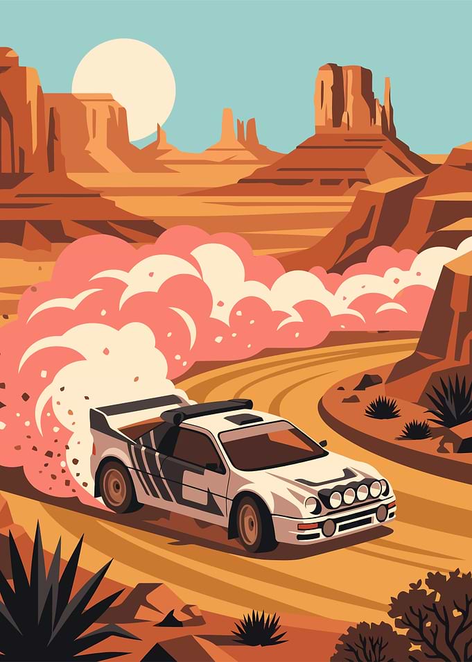 Rally Car Drifting in Desert Landscape
