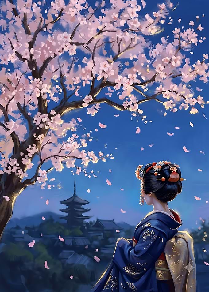 Geisha Under Blooming Cherry Blossoms