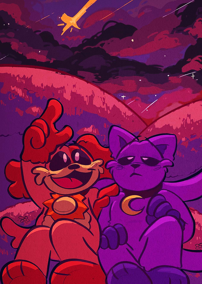Dogday and Catnap Under Starry Sky