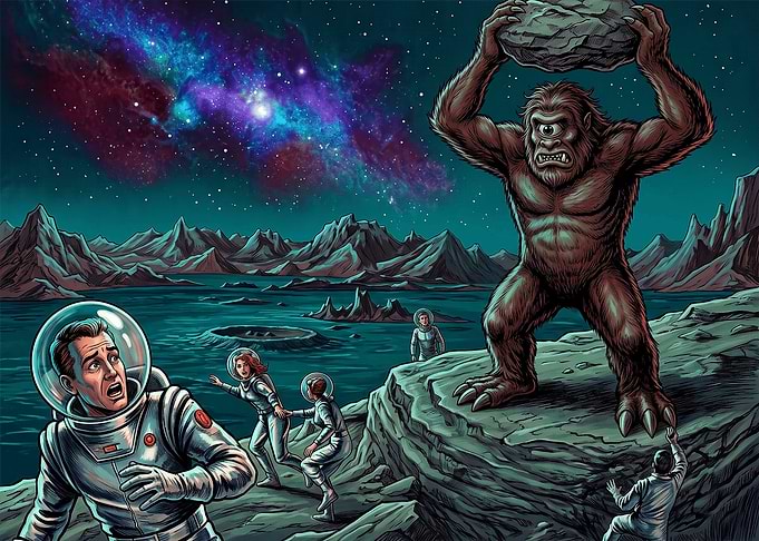 Astronauts Encountering Cyclops on Alien Planet