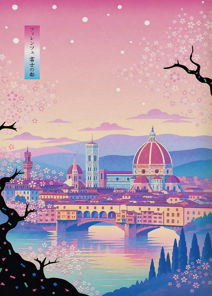 Florence Cityscape with Cherry Blossoms