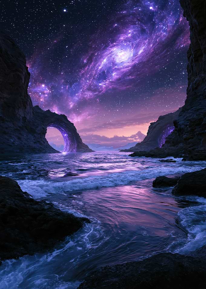Shores Beyond the Stars - Ethereal Purple Galaxy Coastal Landscape
