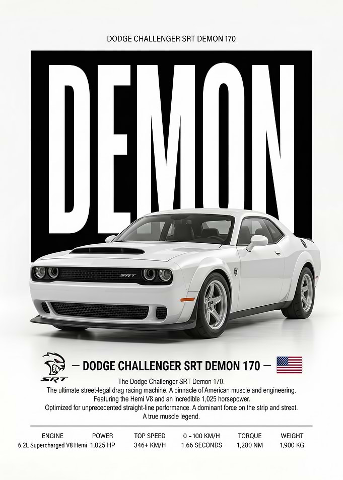 white Dodge Challenger SRT Demon 170 Poster