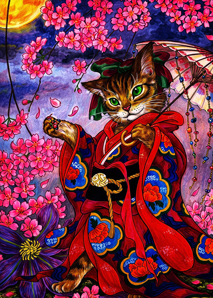 Cat in Kimono Under Cherry Blossoms