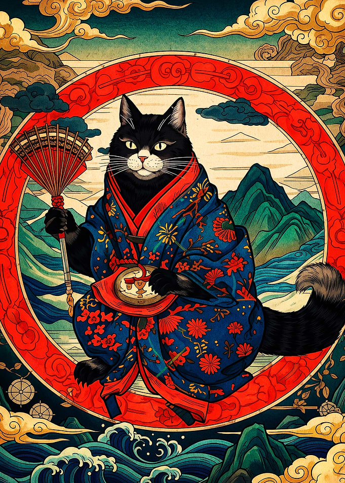 Black Cat in Traditional Kimono