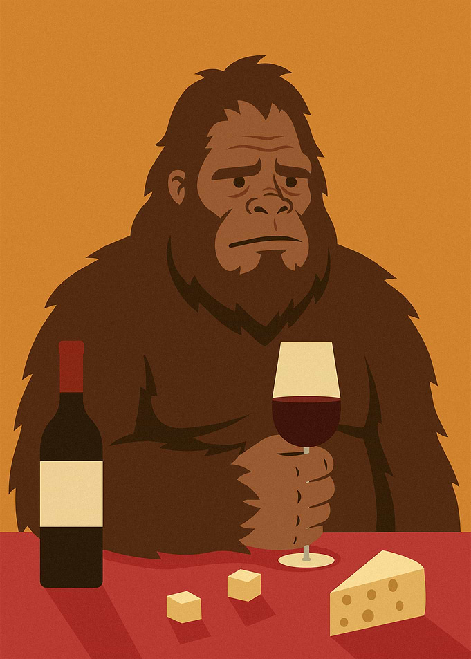 Bigfoot Enjoying Wine and Cheese
