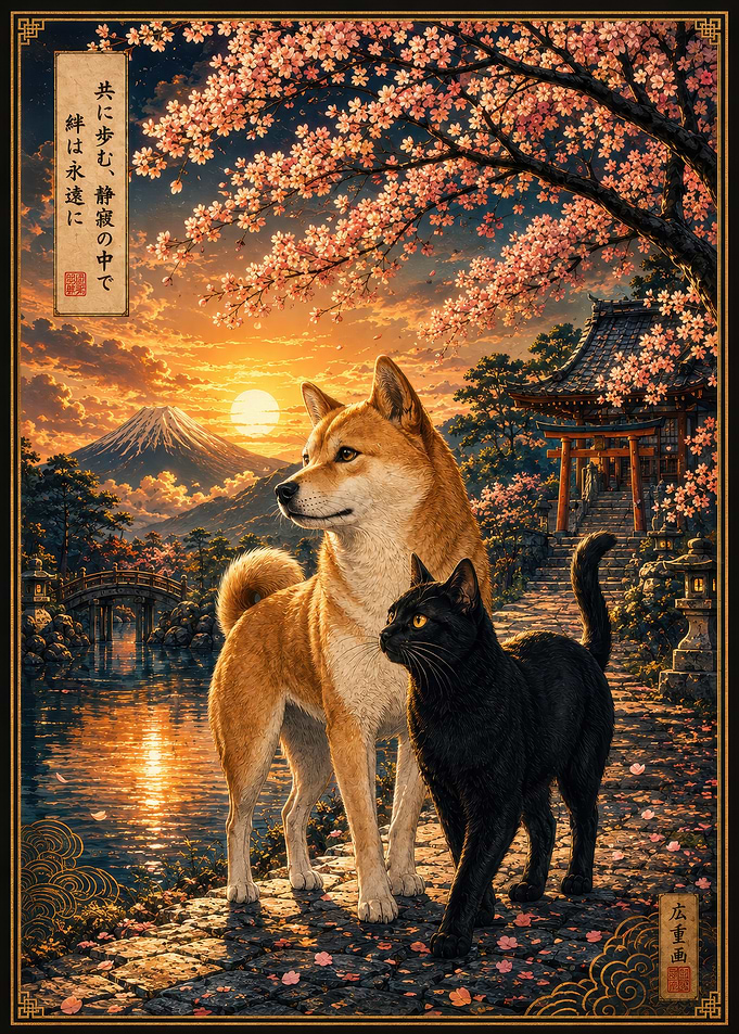 Shiba Inu and Cat in Japan