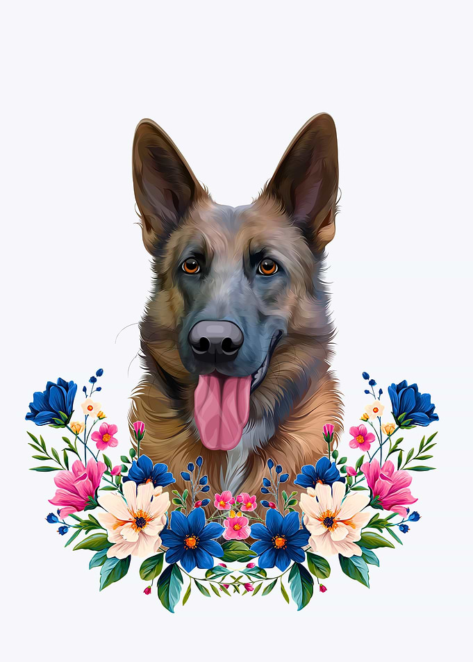 German Shepherd Portrait with Floral Wreath
