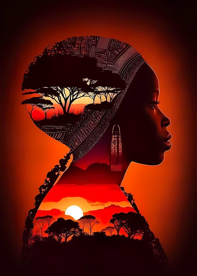 African Sunset Double Exposure Portrait