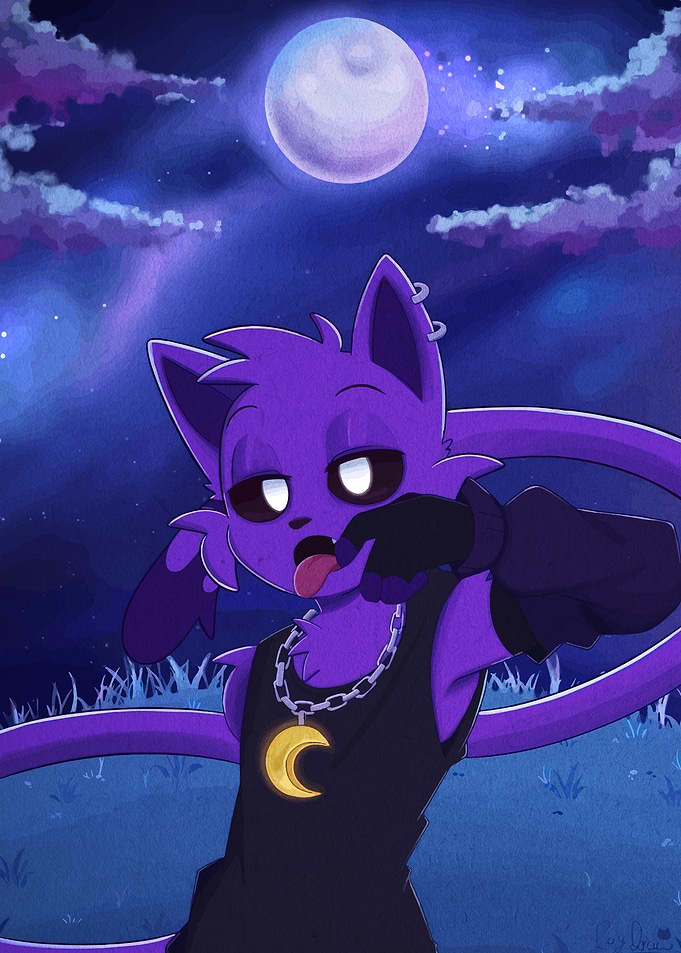 Purple Cat Character Under Moonlight