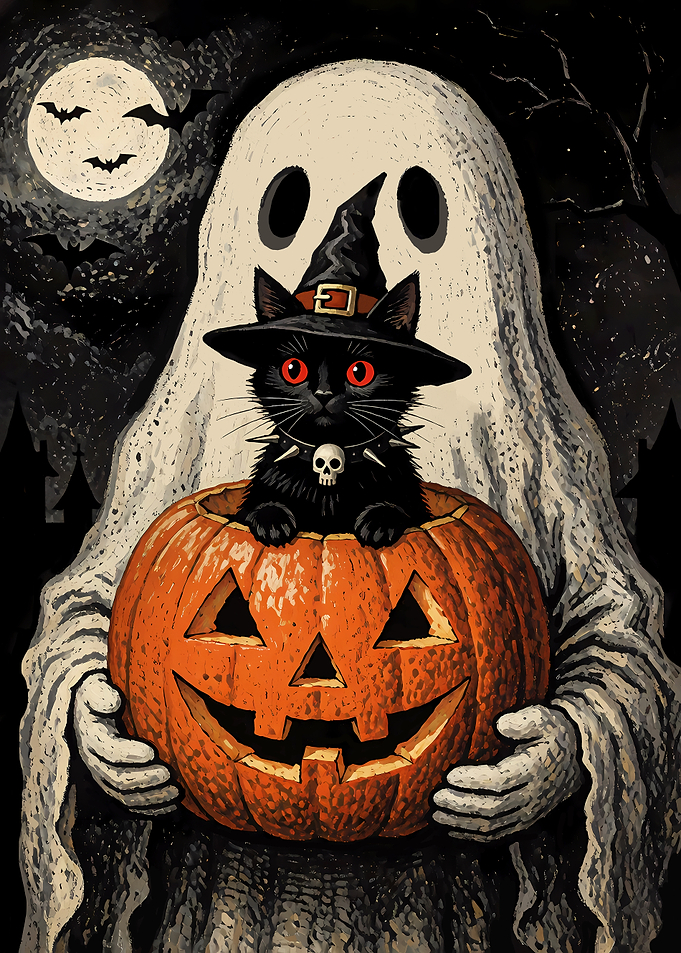 Ghost Holding Pumpkin with Black Cat