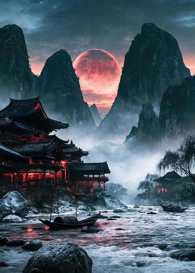 Ethereal Asian Temple Under Blood Moon