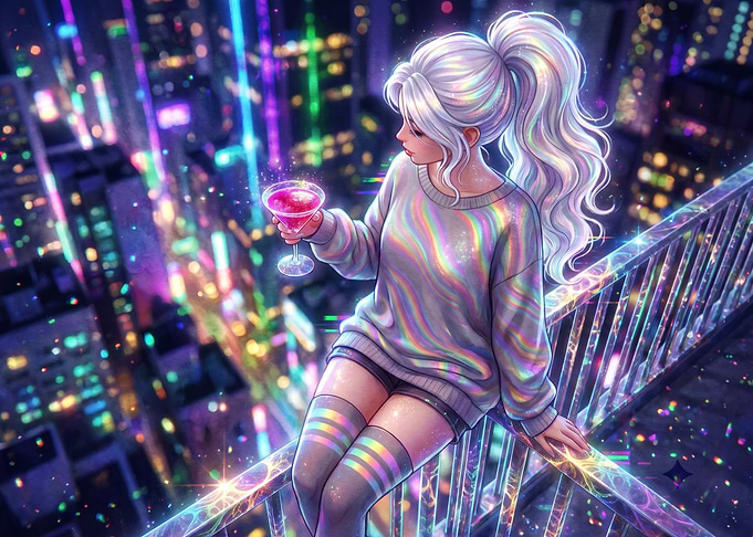 Holographic Anime Girl City Night