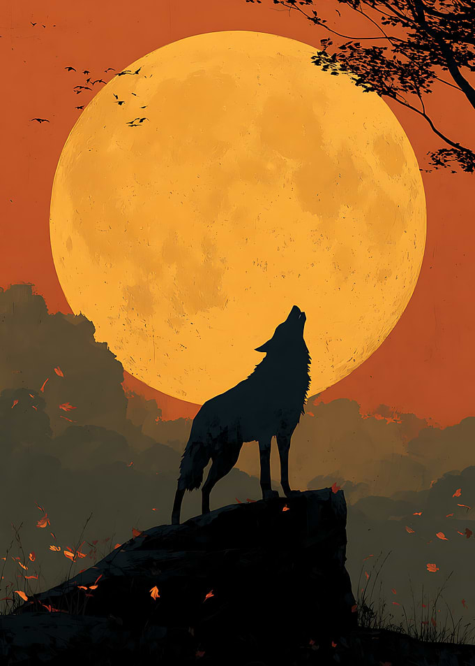 Wolf Howling at Full Moon