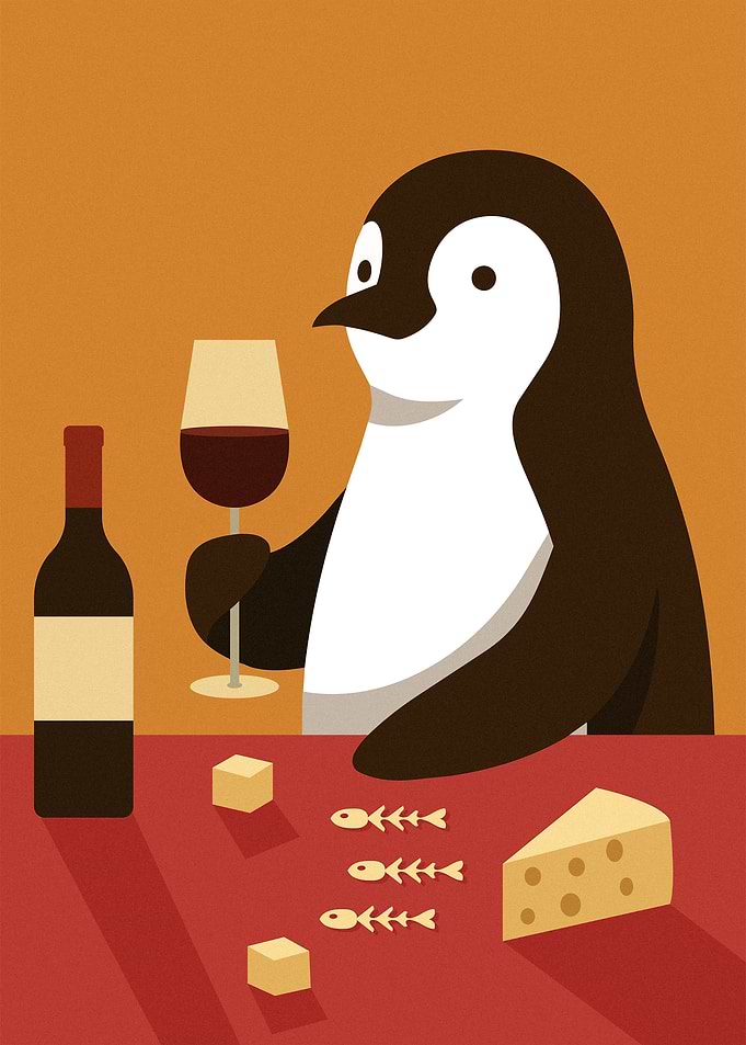 Penguin Enjoying Wine and Cheese