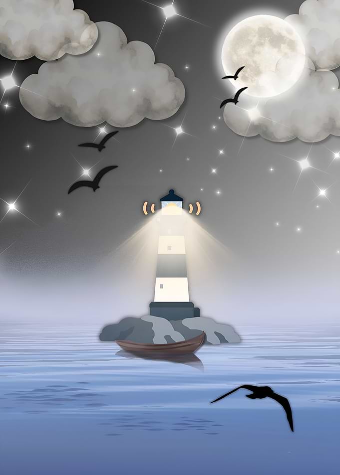 Lighthouse at Night with Moon