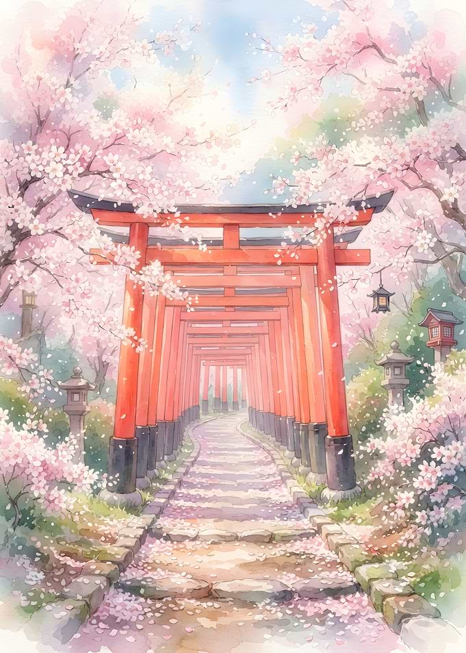 Torii Gate Path with Cherry Blossoms