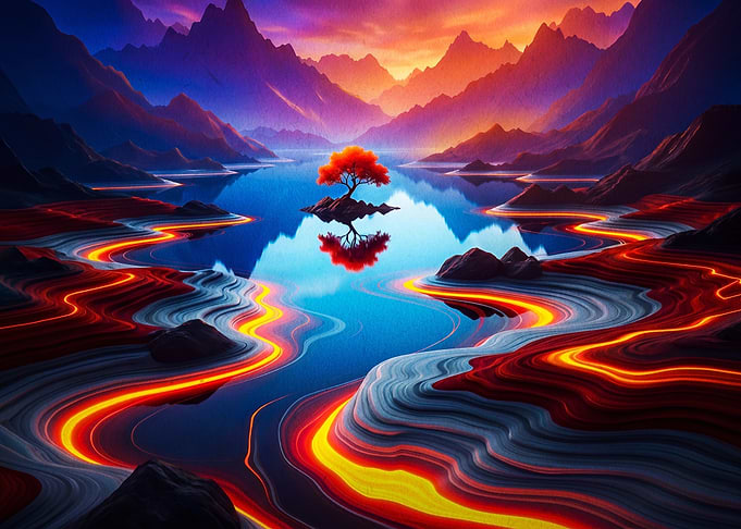 Surreal Landscape with Glowing Red Tree