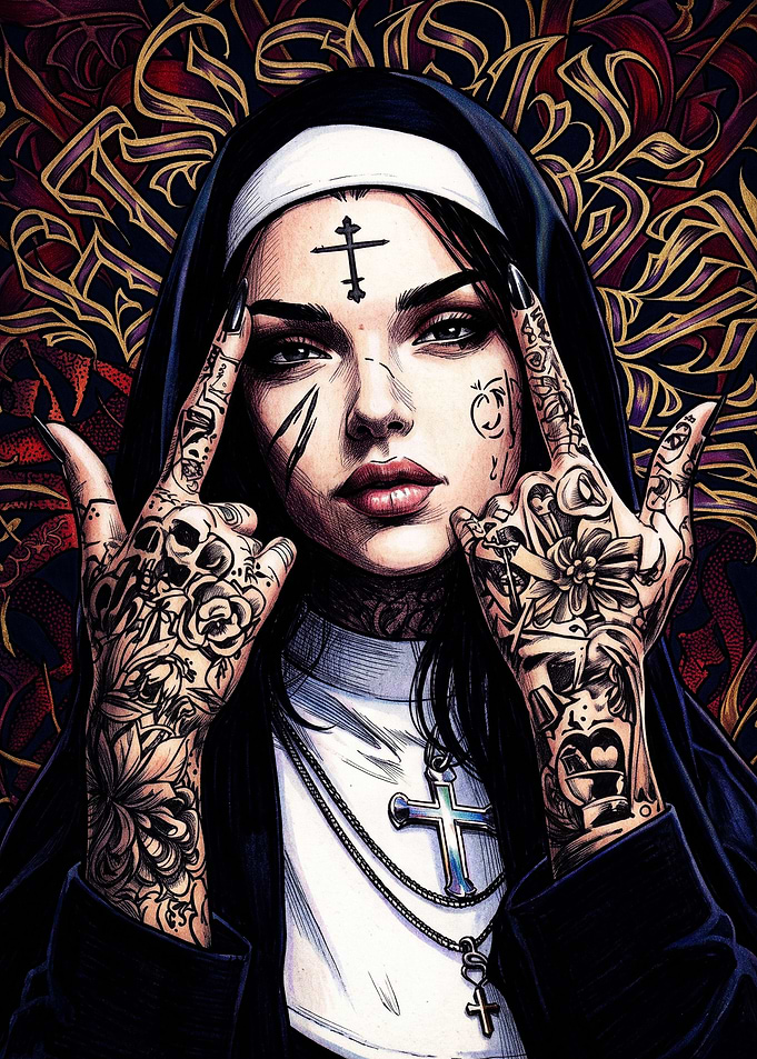 Edgy Tattooed Nun Portrait