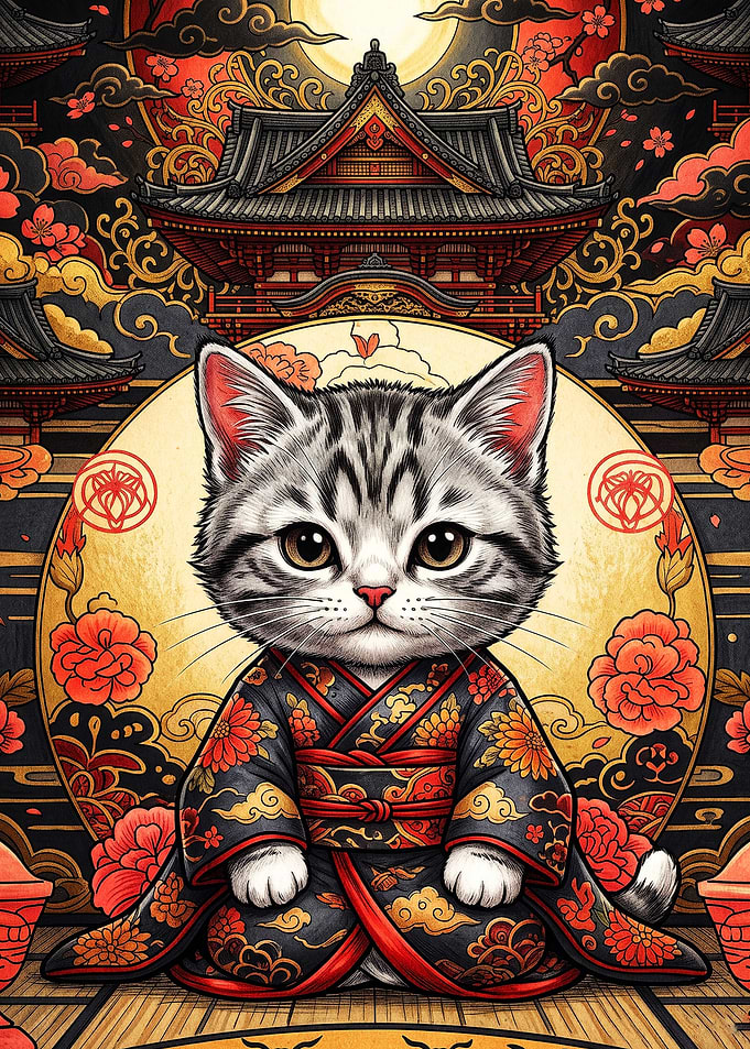 Cute Kitten in Traditional Japanese Kimono