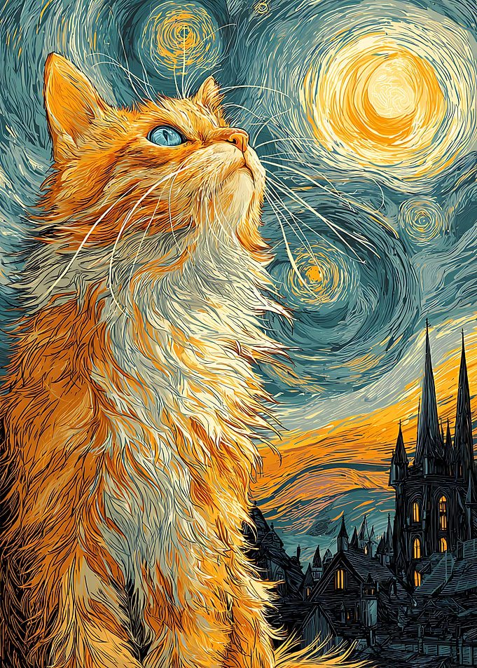 Ginger Cat in Starry Night Style