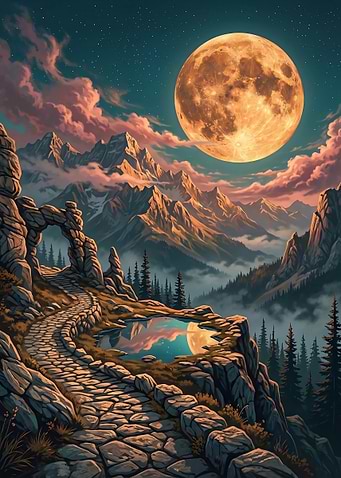 Moonlit Mountain Path and Reflection Pool