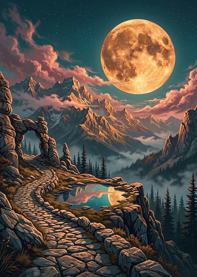 Moonlit Mountain Path and Reflection Pool