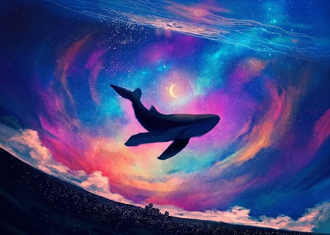 Whale Swimming Through Cosmic Sky