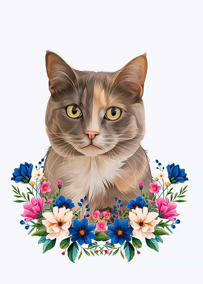 Portrait of a Cat with Flowers