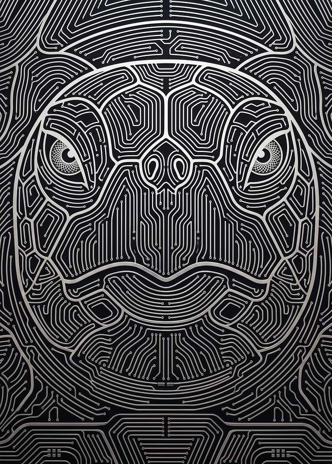 Silver electronic circuit board pattern turtle face