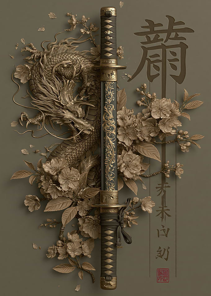 Ornate Katana with Dragon and Blossoms