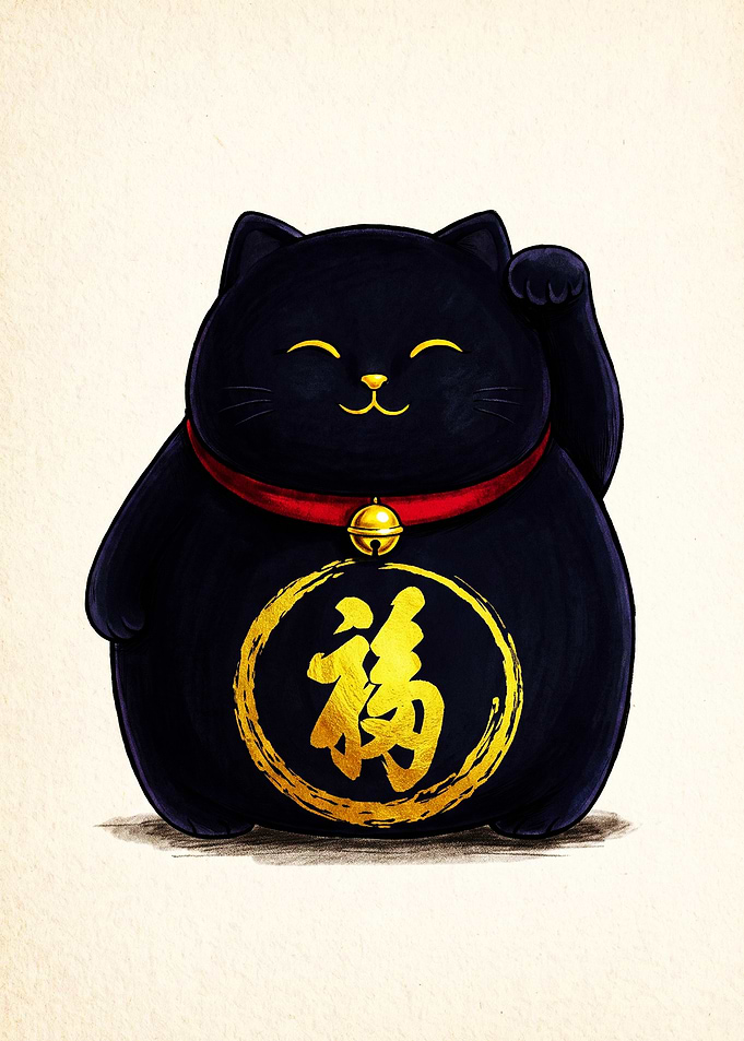 Black Maneki Neko Lucky Cat Illustration
