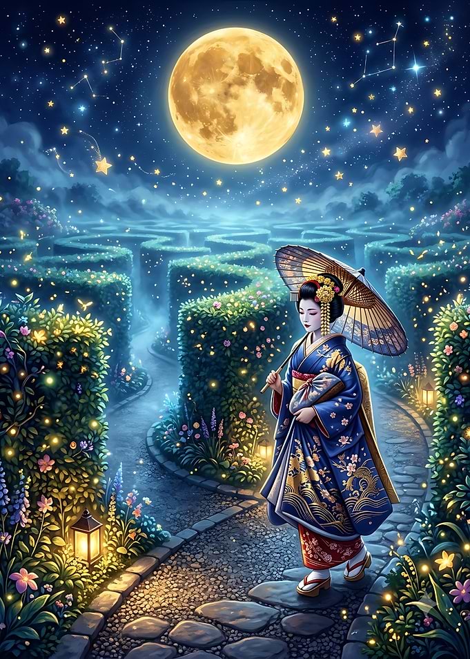 Geisha in a Magical Moonlit Maze