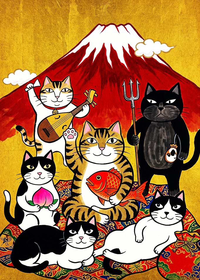 Seven Lucky Cats with Mount Fuji