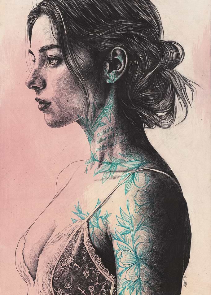Lace Lingerie Woman with Leaves Tattoos