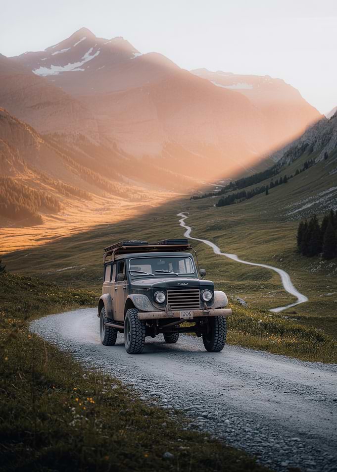 Vintage Off-Road Jeep in a Mountain Valley