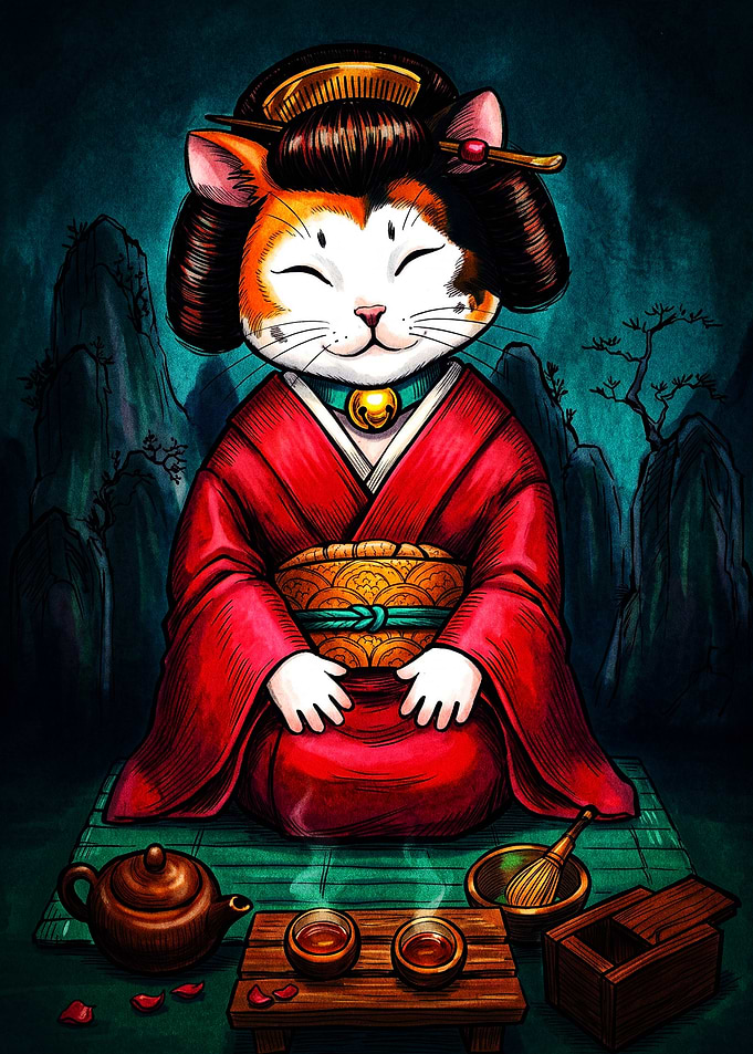Calico Cat Geisha Tea Ceremony