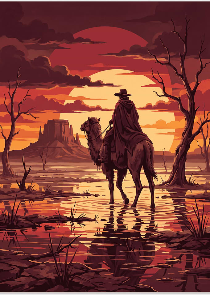 Lone Cowboy Riding Camel at Sunset