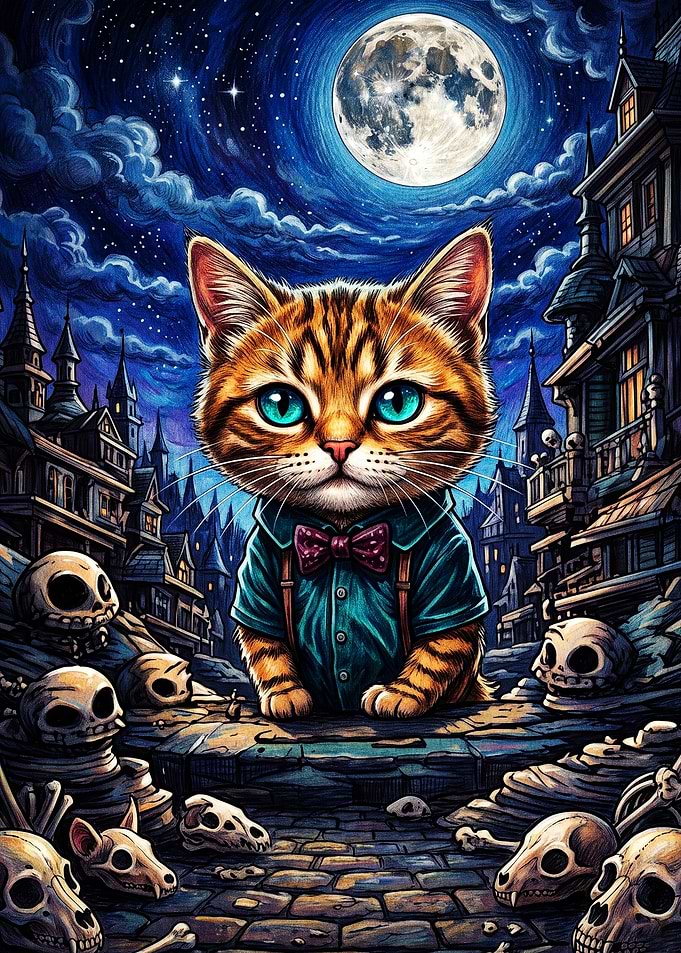 Dapper Kitten in a Spooky Town