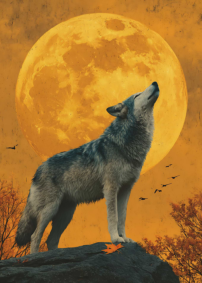 Wolf Howling at Full Moon