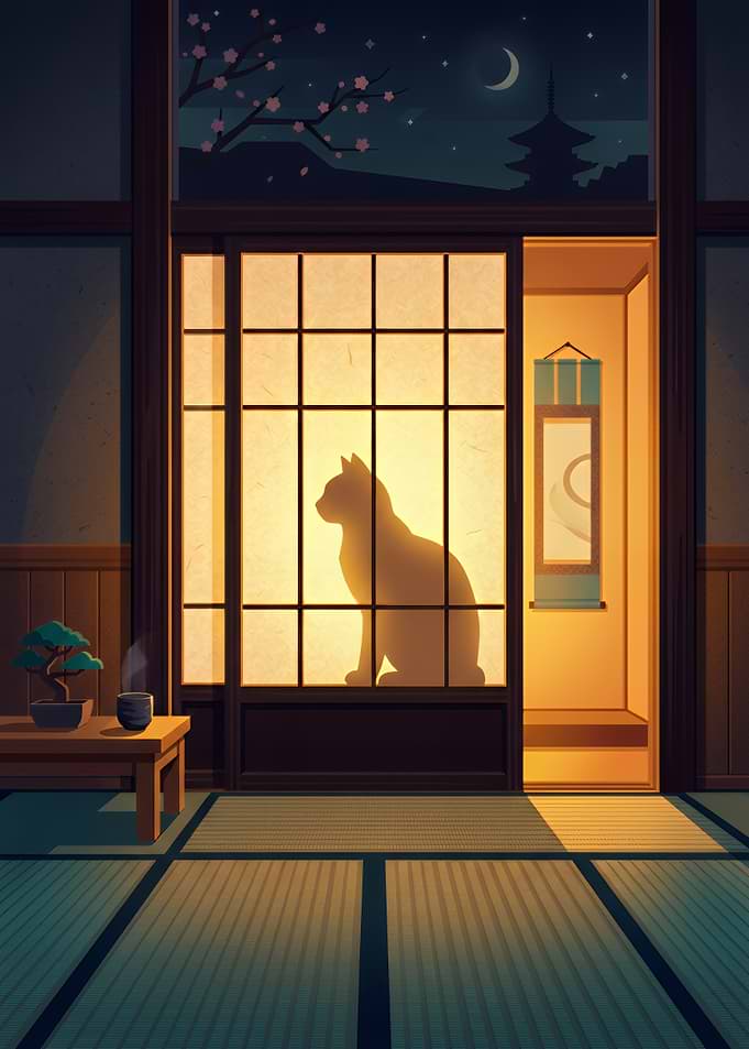 Cat Silhouette in Traditional Japanese Room