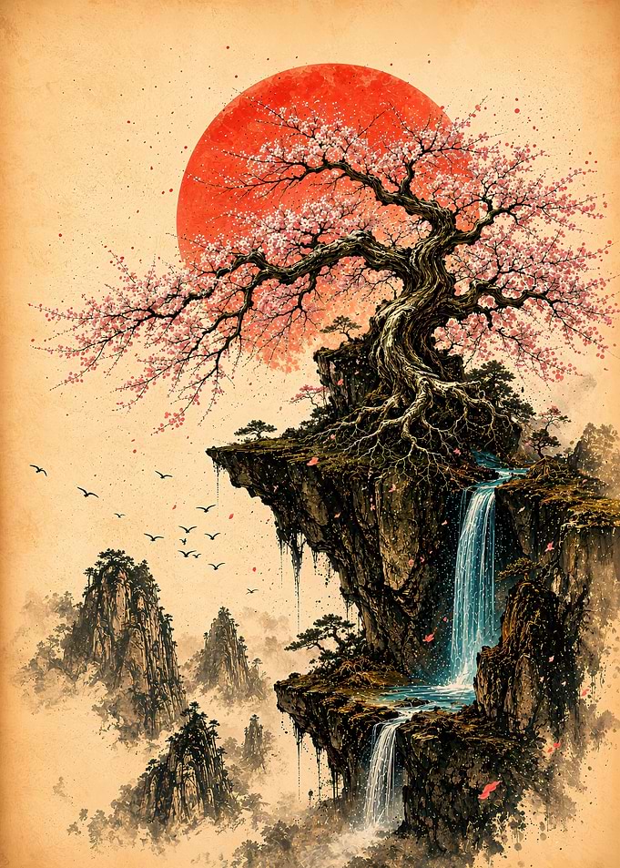 Cherry Blossom Tree on Mountain Cliff
