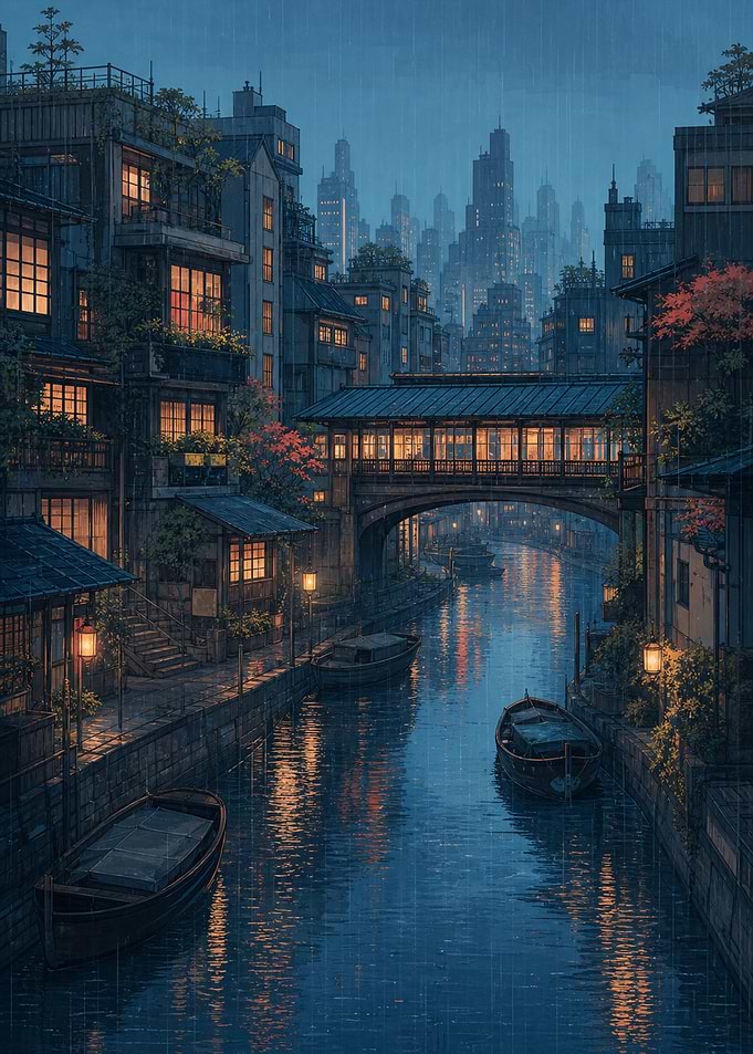 Rainlit Canal Anime City