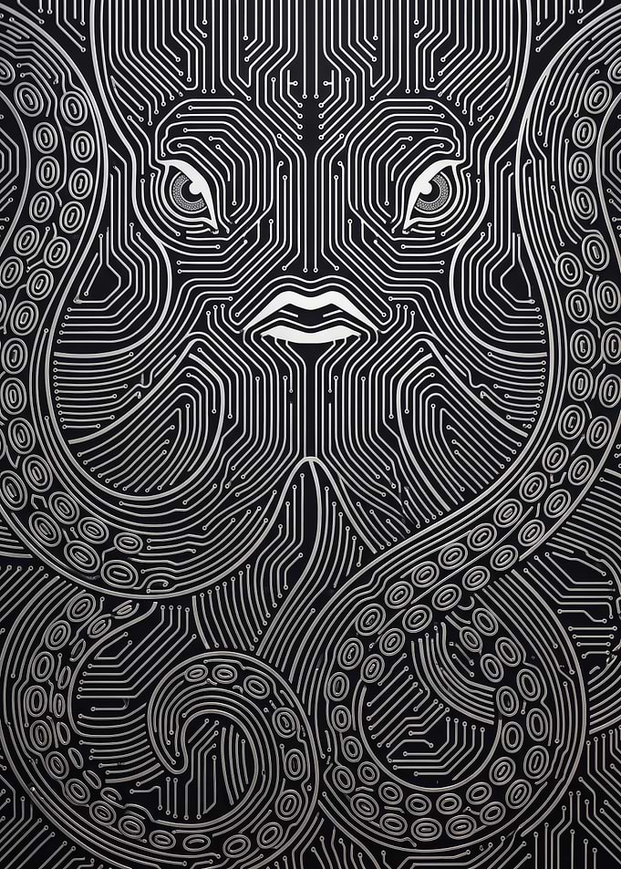 Silver electronic circuit board pattern octopus face