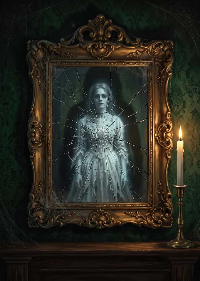 Ghostly Woman in Cracked Antique Mirror