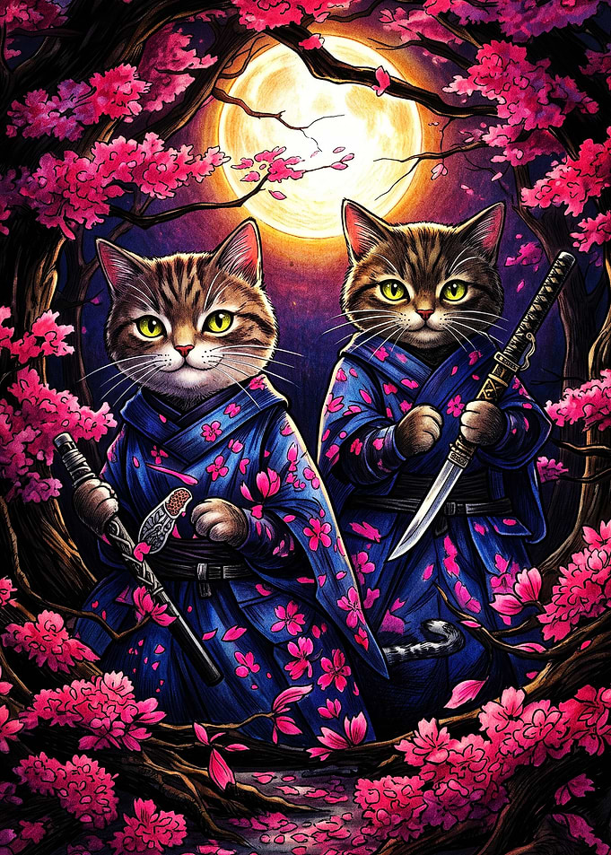 Two Samurai Cats Under Cherry Blossoms