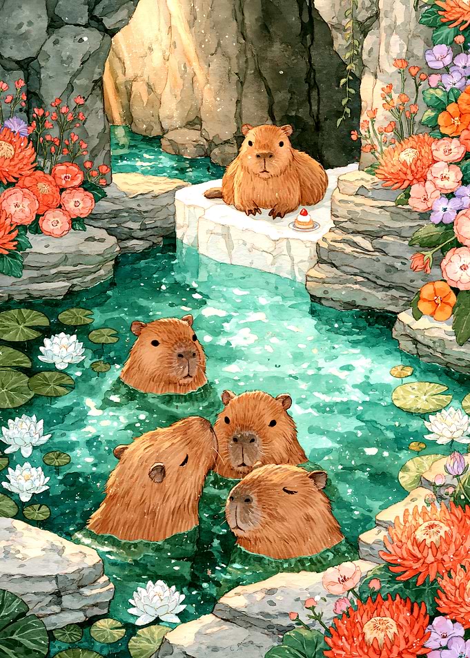 Capybaras Relaxing in a Floral Spring