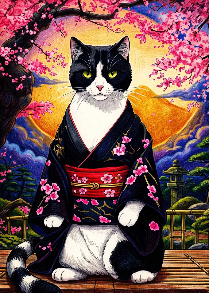 Cat in Kimono Under Cherry Blossoms