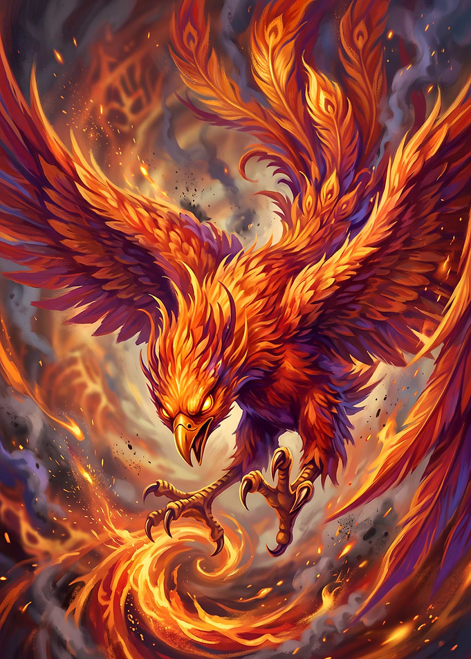 Fiery Phoenix Swooping Through Dark Smoke