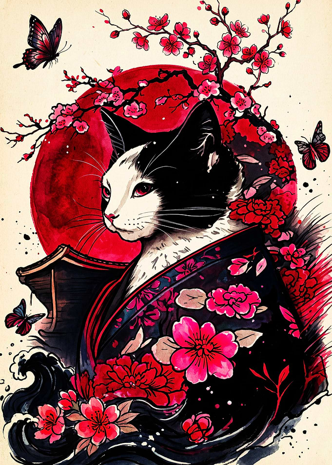 Cat in Kimono with Cherry Blossoms